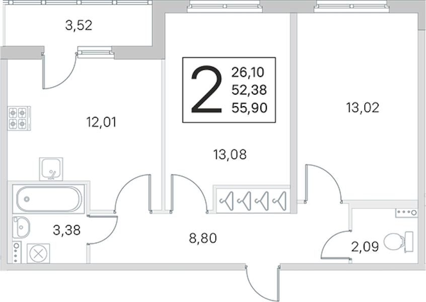 2-комнатная квартира 52.38 м², 1/4 эт., ЖК «Любоград в Стрельне»